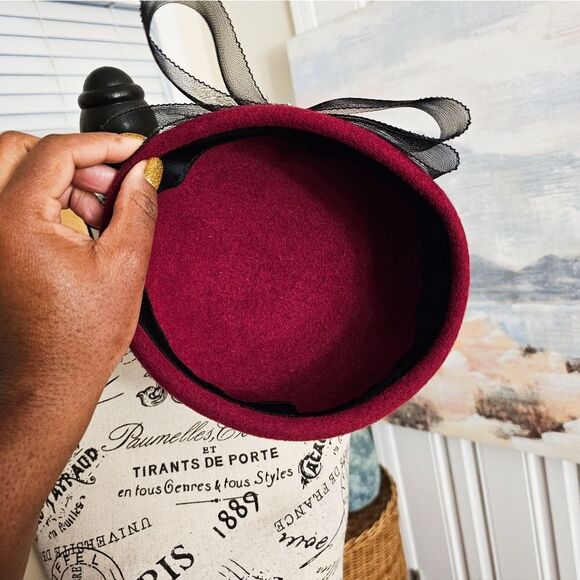 VTG Retro Wool Felt Mesh Bow Accent Pillbox Stylish Beret Hat. - Picture 2 of 15